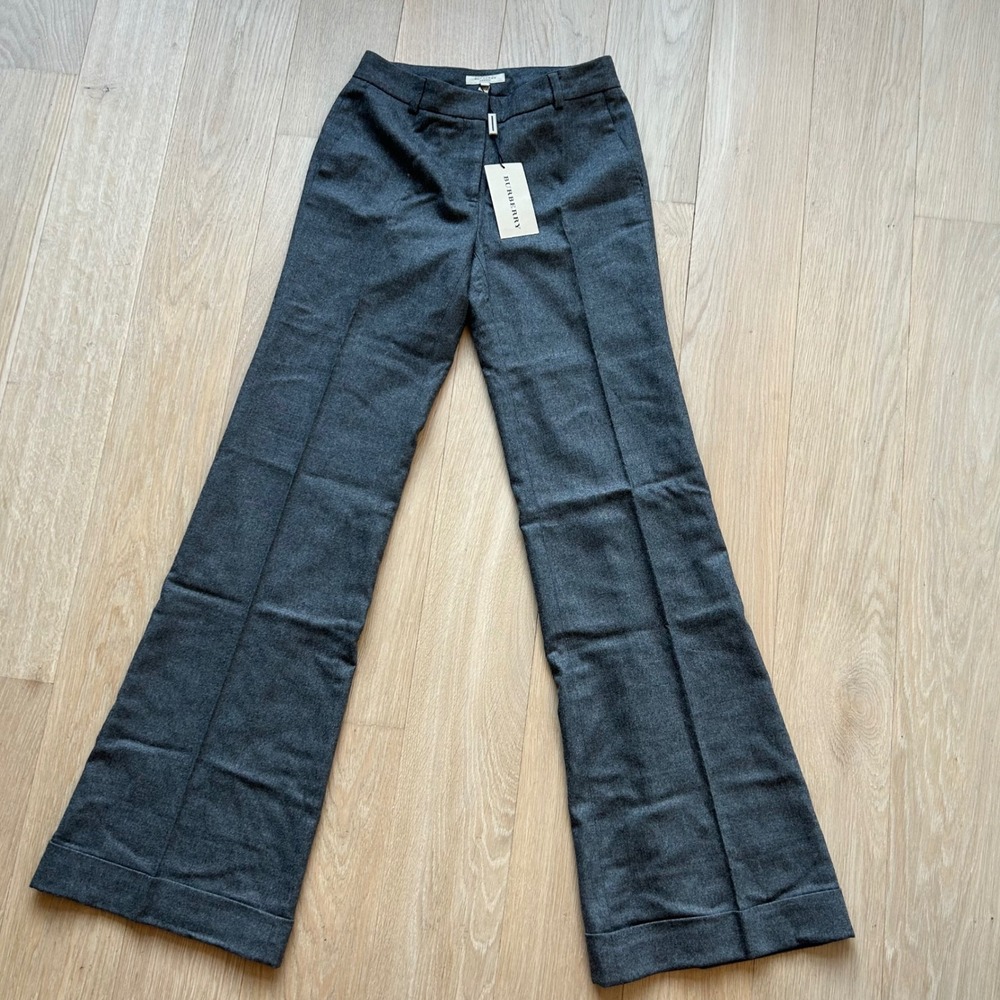 NWT Burberry High Waisted Trousers Women 4 Grey Wool Wide Leg Pants Preppy - Picture 2 of 16